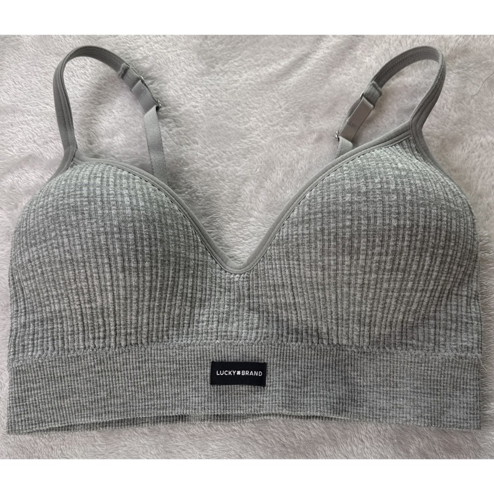 Lucky Brand Bralette Bra Women's Small Gray Ribbed Wireless Adjustable Strap